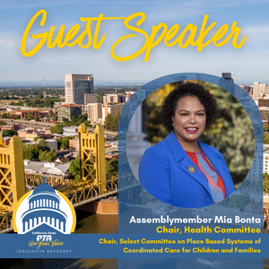 Logo, branding. Speaker Mia Bonta. Background: Sacramento, CA skyline, river, yellow bridge. 