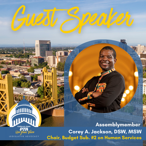 Logos, branding. Speaker Asm Corey Jackson. Background image of Sacramento, CA skyline, river and yellow bridge.