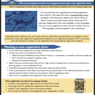 Thumbnail image of PDF linked in this section on how PTAs can conduct Voter Registration Drives and create civic engagement